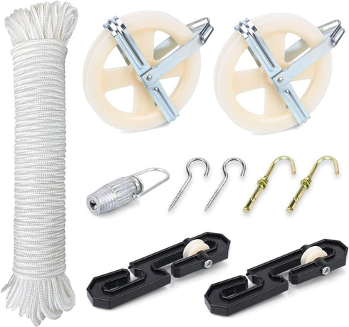 TooTaci Outdoor Clothesline Kit, 5" Nylon Clothes Line Pulley Kit, 150ft Clothesline Pulley Kit, Polyester Clothesline Rope Heavy Duty, Clotheslines S Separator Spreader, Clothesline Tightener, Hook